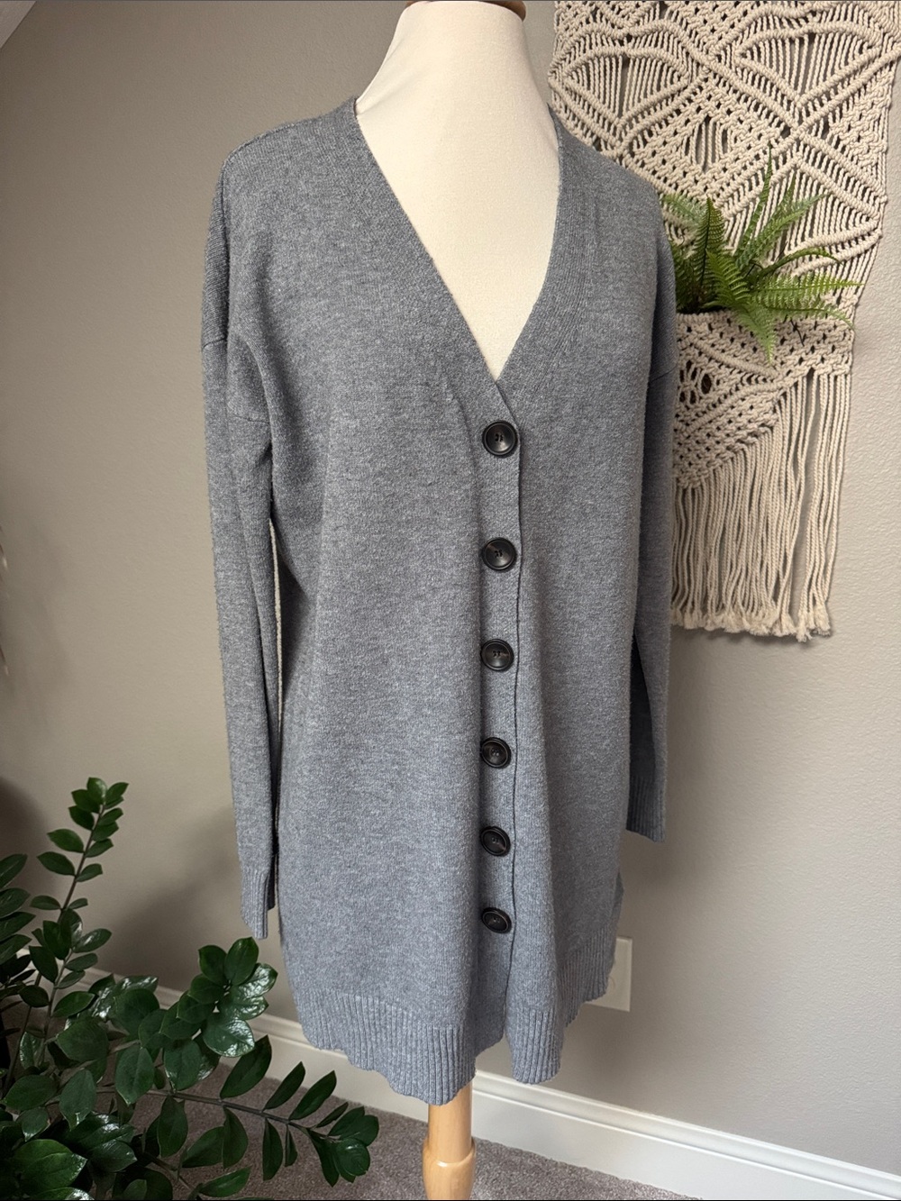 Long gray button down cardigan soft small